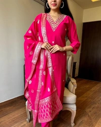 99 Fashion Bazaar Wedding Straight Kurti Set in Silk Chanderi Fabric with Jacquard Dupatta.  - Bright Red, S