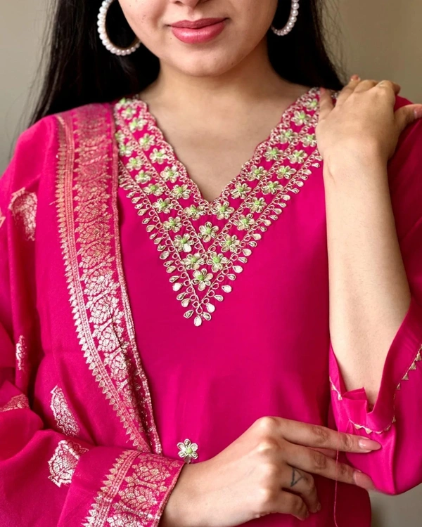 99 Fashion Bazaar Wedding Straight Kurti Set in Silk Chanderi Fabric with Jacquard Dupatta.  - Bright Red, XL