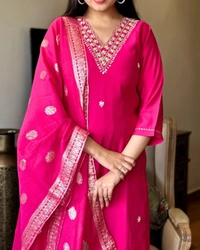 99 Fashion Bazaar Wedding Straight Kurti Set in Silk Chanderi Fabric with Jacquard Dupatta.  - Bright Red, L