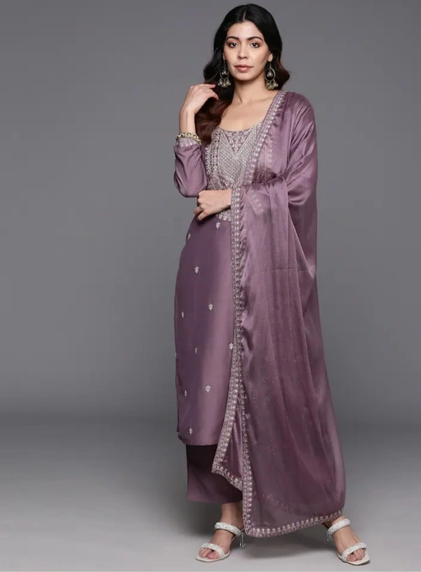 99 Fashion Bazaar Straight Kurti Set in Viscose Chanderi with Embroidery Neck Yoke and Dupatta.  - Old Lavender, L