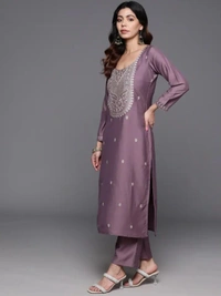 99 Fashion Bazaar Straight Kurti Set in Viscose Chanderi with Embroidery Neck Yoke and Dupatta.  - Old Lavender, M