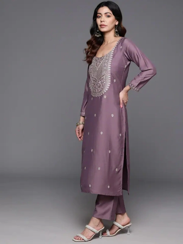 99 Fashion Bazaar Straight Kurti Set in Viscose Chanderi with Embroidery Neck Yoke and Dupatta.  - Old Lavender, M