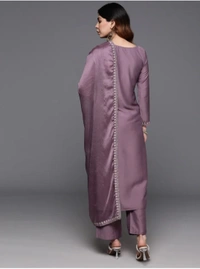 99 Fashion Bazaar Straight Kurti Set in Viscose Chanderi with Embroidery Neck Yoke and Dupatta.  - Old Lavender, L