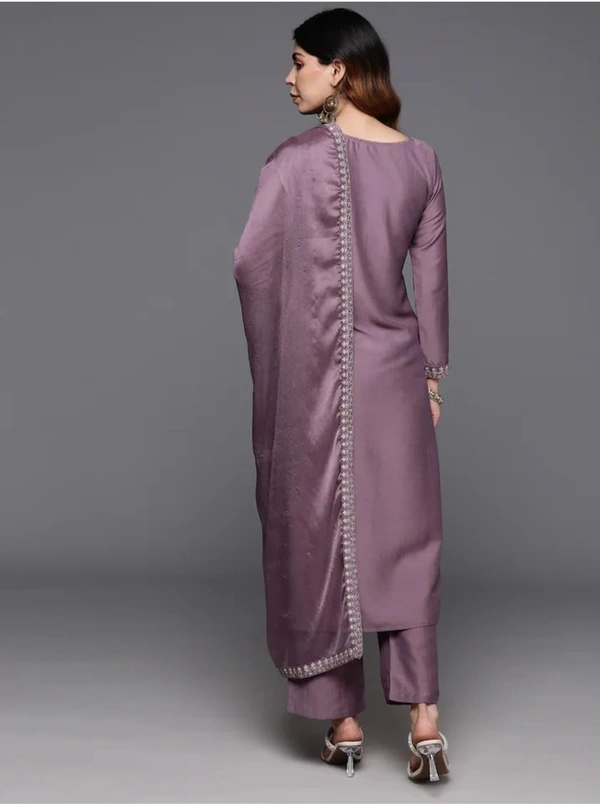 99 Fashion Bazaar Straight Kurti Set in Viscose Chanderi with Embroidery Neck Yoke and Dupatta.  - Old Lavender, L