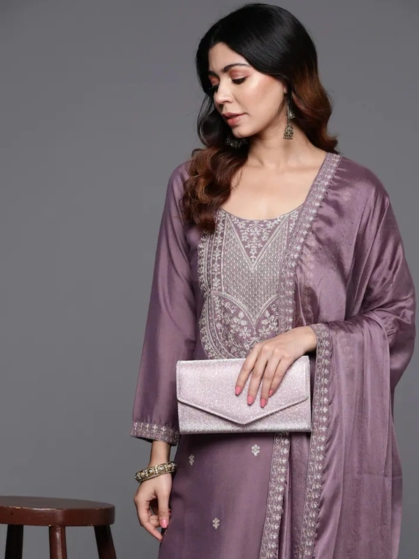 99 Fashion Bazaar Straight Kurti Set in Viscose Chanderi with Embroidery Neck Yoke and Dupatta.  - Old Lavender, L