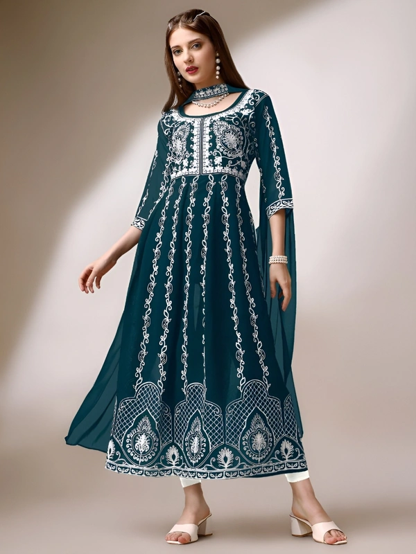 99 Fashion Bazaar Women's Chikankari Kurta with Dupatta Set - Teal, XXL