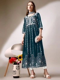 99 Fashion Bazaar Women's Chikankari Kurta with Dupatta Set - Teal, XL