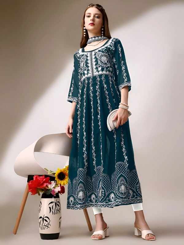 99 Fashion Bazaar Women's Chikankari Kurta with Dupatta Set - Teal, XL