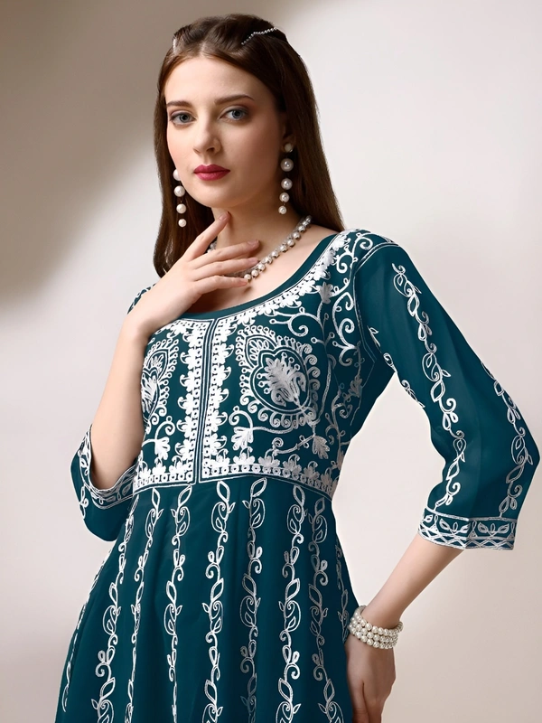 99 Fashion Bazaar Women's Chikankari Kurta with Dupatta Set - Teal, L