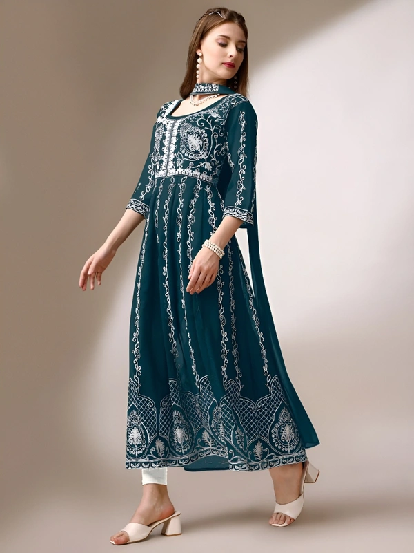 99 Fashion Bazaar Women's Chikankari Kurta with Dupatta Set - Teal, S
