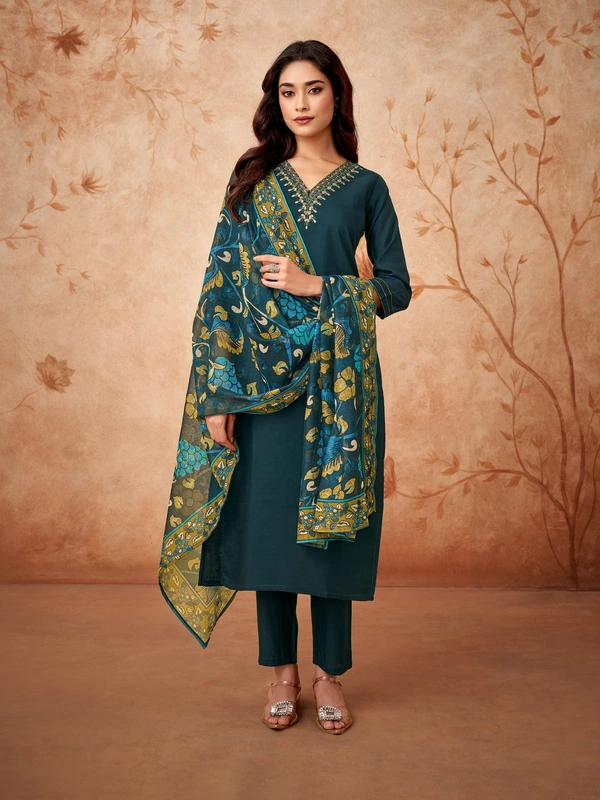 99 Fashion Bazaar Kurti Set with Dupatta in Viscose Chanderi Fabric with Embroidery.  - Genoa, L