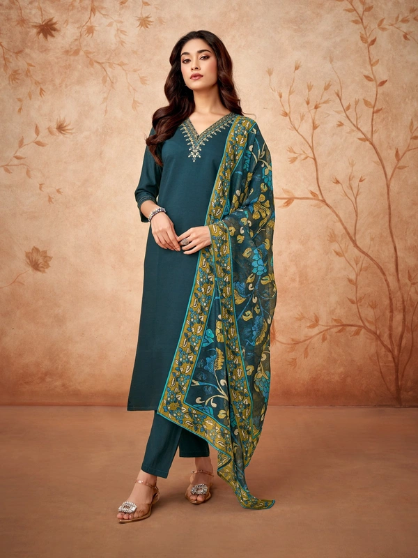 99 Fashion Bazaar Kurti Set with Dupatta in Viscose Chanderi Fabric with Embroidery.  - Genoa, L