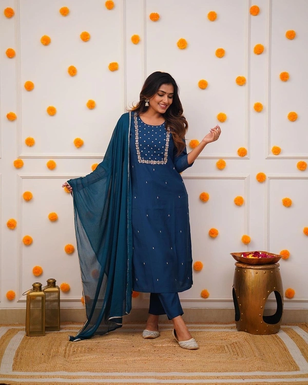 99 Fashion Bazaar Straight Kurti Set in Rayon Slub with Embroidery Neck Yoke and Dupatta.  - Elephant, L