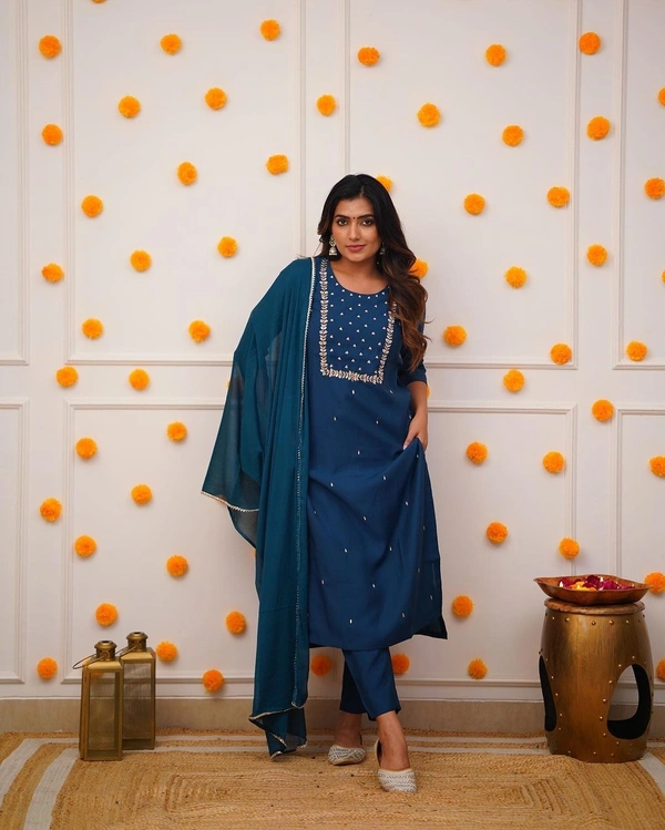 99 Fashion Bazaar Straight Kurti Set in Rayon Slub with Embroidery Neck Yoke and Dupatta.  - Elephant, S