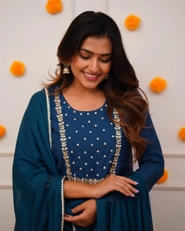 99 Fashion Bazaar Straight Kurti Set in Rayon Slub with Embroidery Neck Yoke and Dupatta.  - Elephant, M