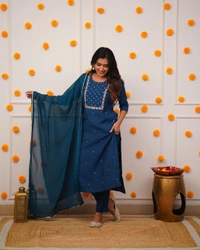 99 Fashion Bazaar Straight Kurti Set in Rayon Slub with Embroidery Neck Yoke and Dupatta.  - Elephant, L