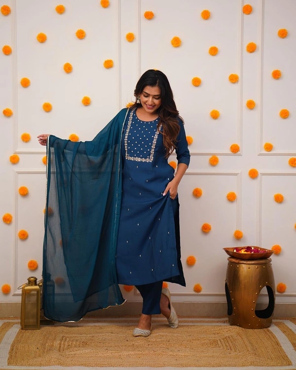 99 Fashion Bazaar Straight Kurti Set in Rayon Slub with Embroidery Neck Yoke and Dupatta.  - Elephant, L