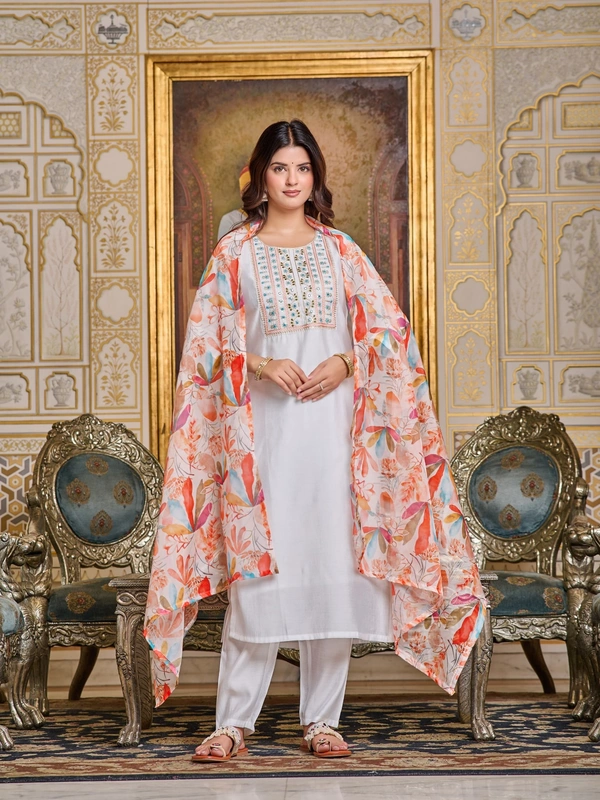 99 Fashion Bazaar Kurti Set with Embroidery Details In Chanderi Fabric and Printed Dupatta - White, XXL