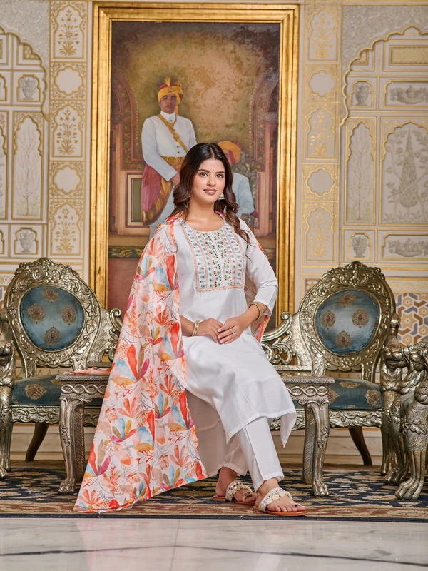 99 Fashion Bazaar Kurti Set with Embroidery Details In Chanderi Fabric and Printed Dupatta - White, XXL