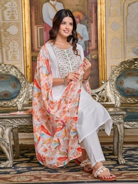99 Fashion Bazaar Kurti Set with Embroidery Details In Chanderi Fabric and Printed Dupatta - White, XXL