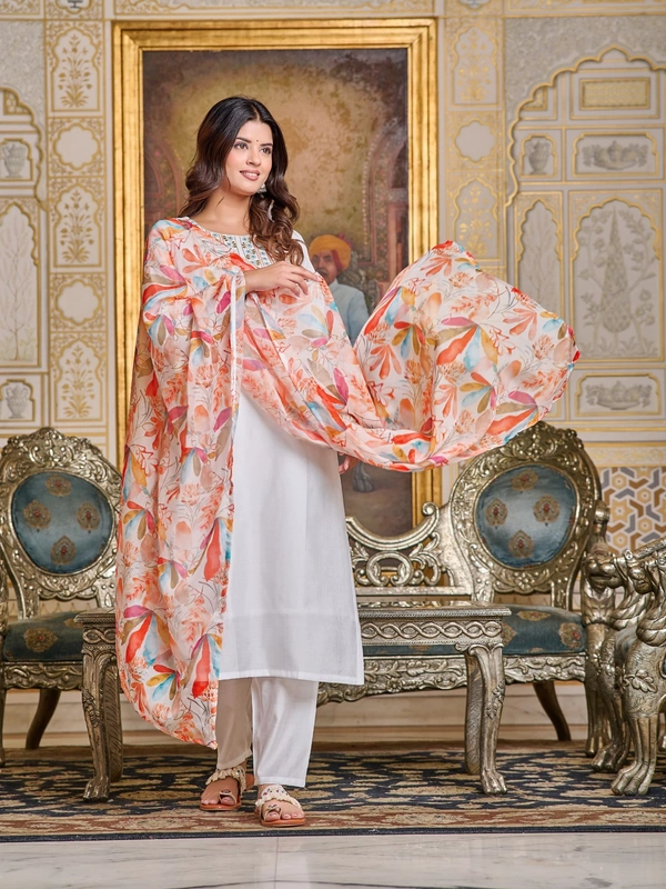 99 Fashion Bazaar Kurti Set with Embroidery Details In Chanderi Fabric and Printed Dupatta - White, XXL