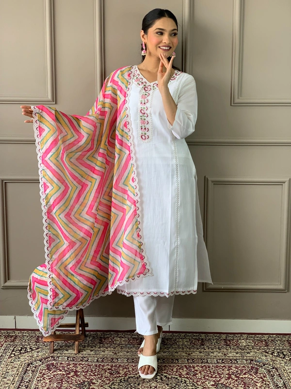 99 Fashion Bazaar Straight Kurti Set in Viscose Chanderi with Embroidery Neck Yoke and Printed Dupatta.  - White, XXL