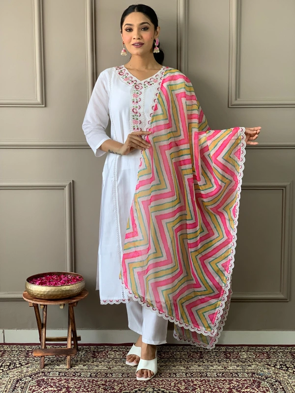 99 Fashion Bazaar Straight Kurti Set in Viscose Chanderi with Embroidery Neck Yoke and Printed Dupatta.  - White, XXL