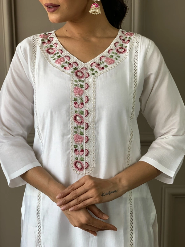 99 Fashion Bazaar Straight Kurti Set in Viscose Chanderi with Embroidery Neck Yoke and Printed Dupatta.  - White, XXL