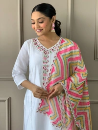 99 Fashion Bazaar Straight Kurti Set in Viscose Chanderi with Embroidery Neck Yoke and Printed Dupatta.  - White, XXL