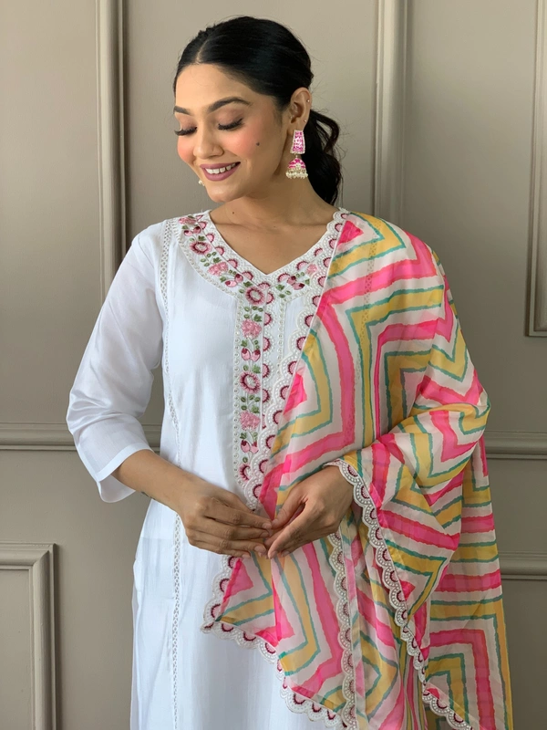 99 Fashion Bazaar Straight Kurti Set in Viscose Chanderi with Embroidery Neck Yoke and Printed Dupatta.  - White, XXL