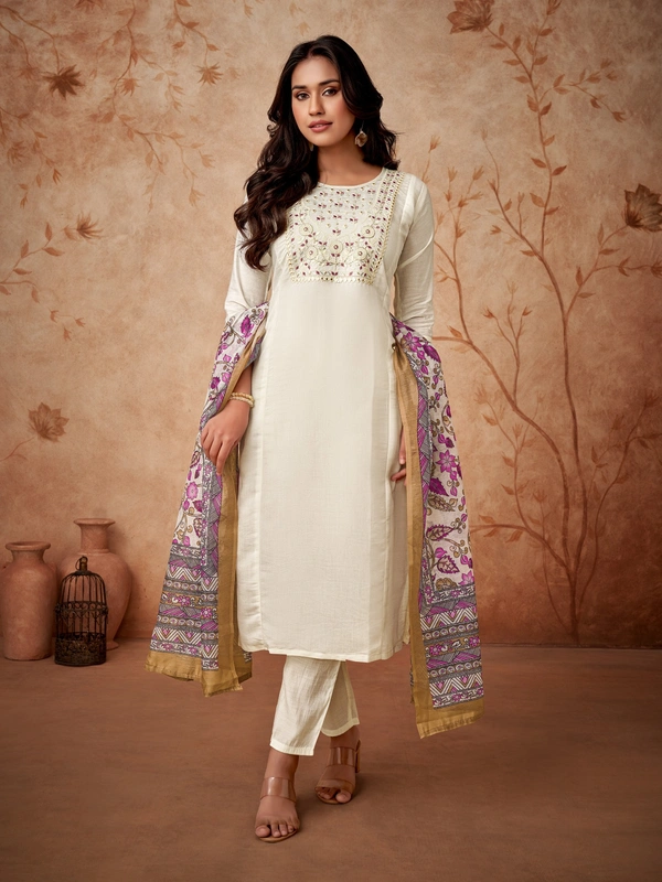 99 Fashion Bazaar Straight Kurti Set in Viscose Chanderi with Embroidery Neck Yoke and Dupatta.  - White, L