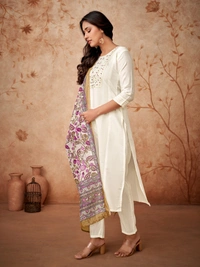 99 Fashion Bazaar Straight Kurti Set in Viscose Chanderi with Embroidery Neck Yoke and Dupatta.  - White, L