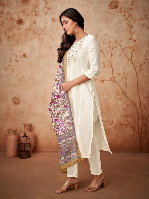 99 Fashion Bazaar Straight Kurti Set in Viscose Chanderi with Embroidery Neck Yoke and Dupatta.  - White, L