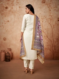 99 Fashion Bazaar Straight Kurti Set in Viscose Chanderi with Embroidery Neck Yoke and Dupatta.  - White, L