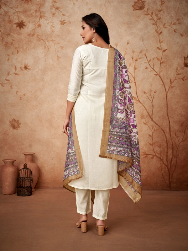 99 Fashion Bazaar Straight Kurti Set in Viscose Chanderi with Embroidery Neck Yoke and Dupatta.  - White, L