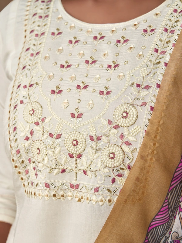 99 Fashion Bazaar Straight Kurti Set in Viscose Chanderi with Embroidery Neck Yoke and Dupatta.  - White, L