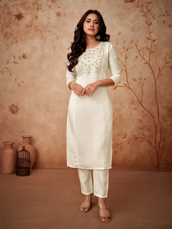 99 Fashion Bazaar Straight Kurti Set in Viscose Chanderi with Embroidery Neck Yoke and Dupatta.  - White, L