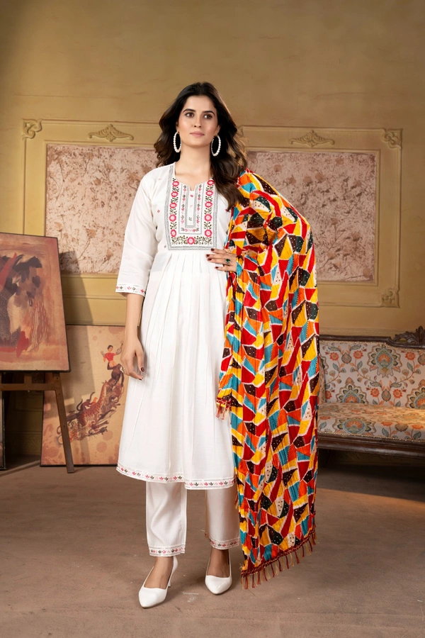 99 Fashion Bazaar A-Line Kurti Set in Viscose Chanderi with Embroidery Neck Yoke and Print Dupatta.  - White, L