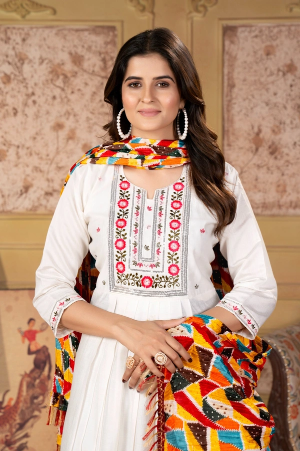 99 Fashion Bazaar A-Line Kurti Set in Viscose Chanderi with Embroidery Neck Yoke and Print Dupatta.  - White, L