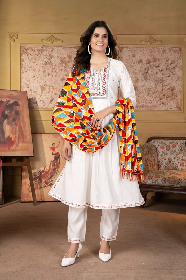 99 Fashion Bazaar A-Line Kurti Set in Viscose Chanderi with Embroidery Neck Yoke and Print Dupatta.  - White, L