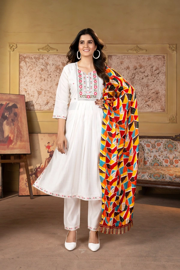 99 Fashion Bazaar A-Line Kurti Set in Viscose Chanderi with Embroidery Neck Yoke and Print Dupatta.  - White, L