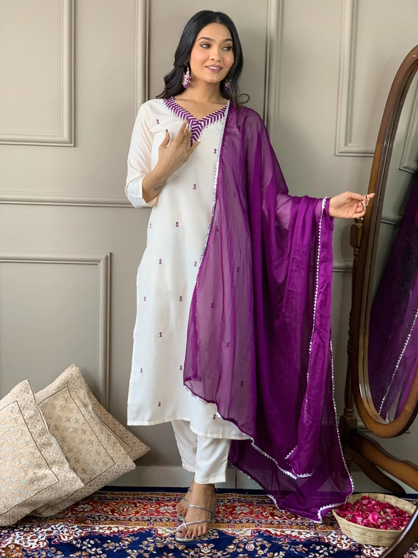 99 Fashion Bazaar Emborierded Kurti Set in Rayon with Embroidery Neck Yoke and Dupatta.  - White, L