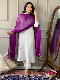 99 Fashion Bazaar Emborierded Kurti Set in Rayon with Embroidery Neck Yoke and Dupatta.  - White, L