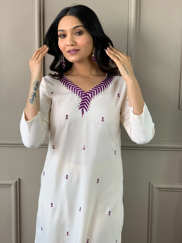 99 Fashion Bazaar Emborierded Kurti Set in Rayon with Embroidery Neck Yoke and Dupatta.  - White, L