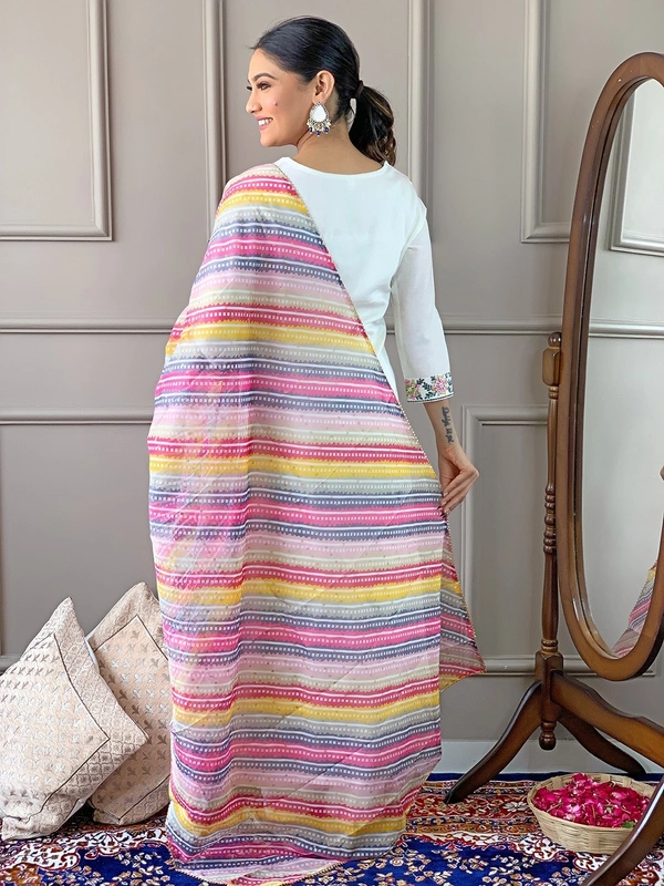 99 Fashion Bazaar Wedding Emboridery Kurti Set in Heavy Viscose Fabric with Printed Dupatta.  - White, L