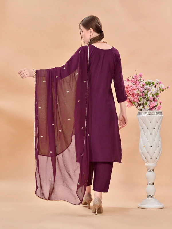 99 Fashion Bazaar Kurta Set with Embroidery with Dupatta in Solid Colors  - Wine Berry, XXL