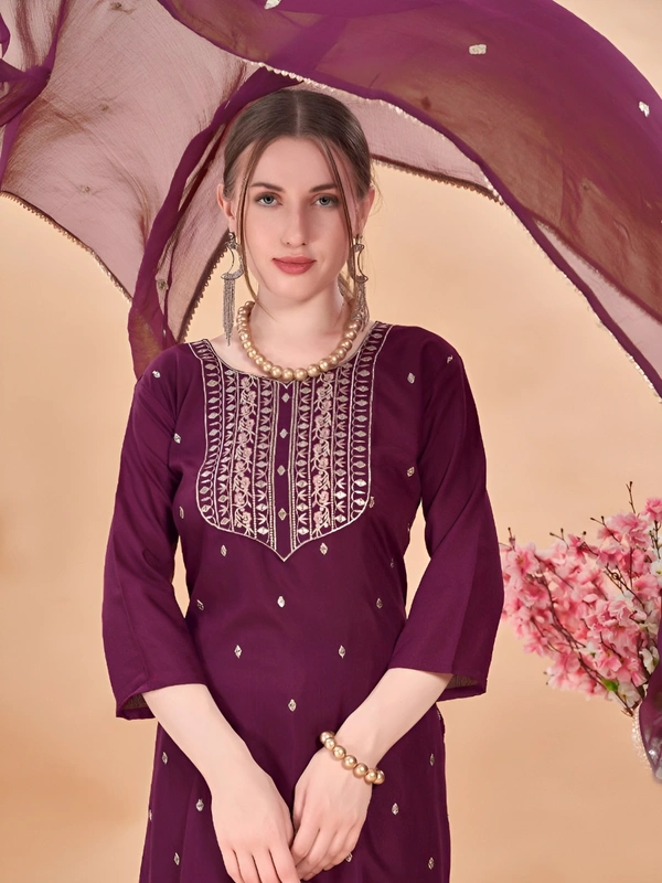 99 Fashion Bazaar Kurta Set with Embroidery with Dupatta in Solid Colors  - Wine Berry, XXL