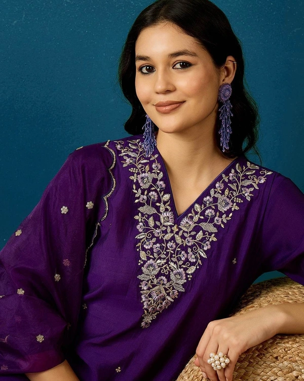 99 Fashion Bazaar Straight Kurti Set in Viscose Chanderi with Embroidery Neck Yoke and Dupatta. - Loulou, XXL