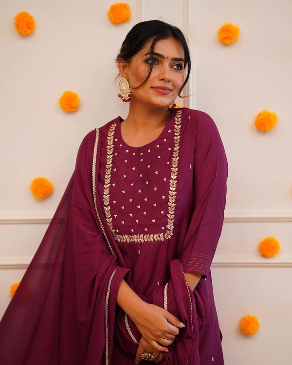 99 Fashion Bazaar Straight Kurti Set in Rayon Slub with Embroidery Neck Yoke and Dupatta.  - Falu Red, XL