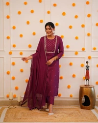 99 Fashion Bazaar Straight Kurti Set in Rayon Slub with Embroidery Neck Yoke and Dupatta.  - Falu Red, XL